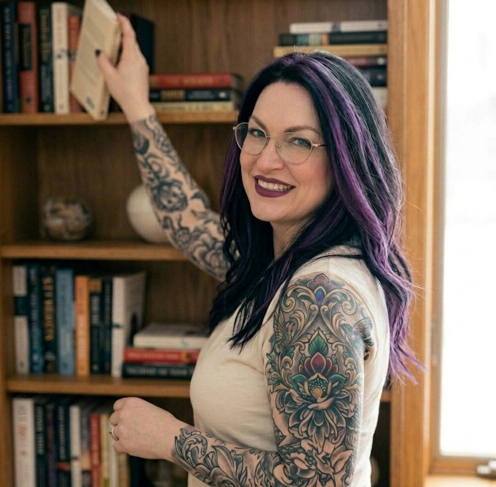 Raven Nightfall standing by a bookshelf, pulling a book from the top shelf.
