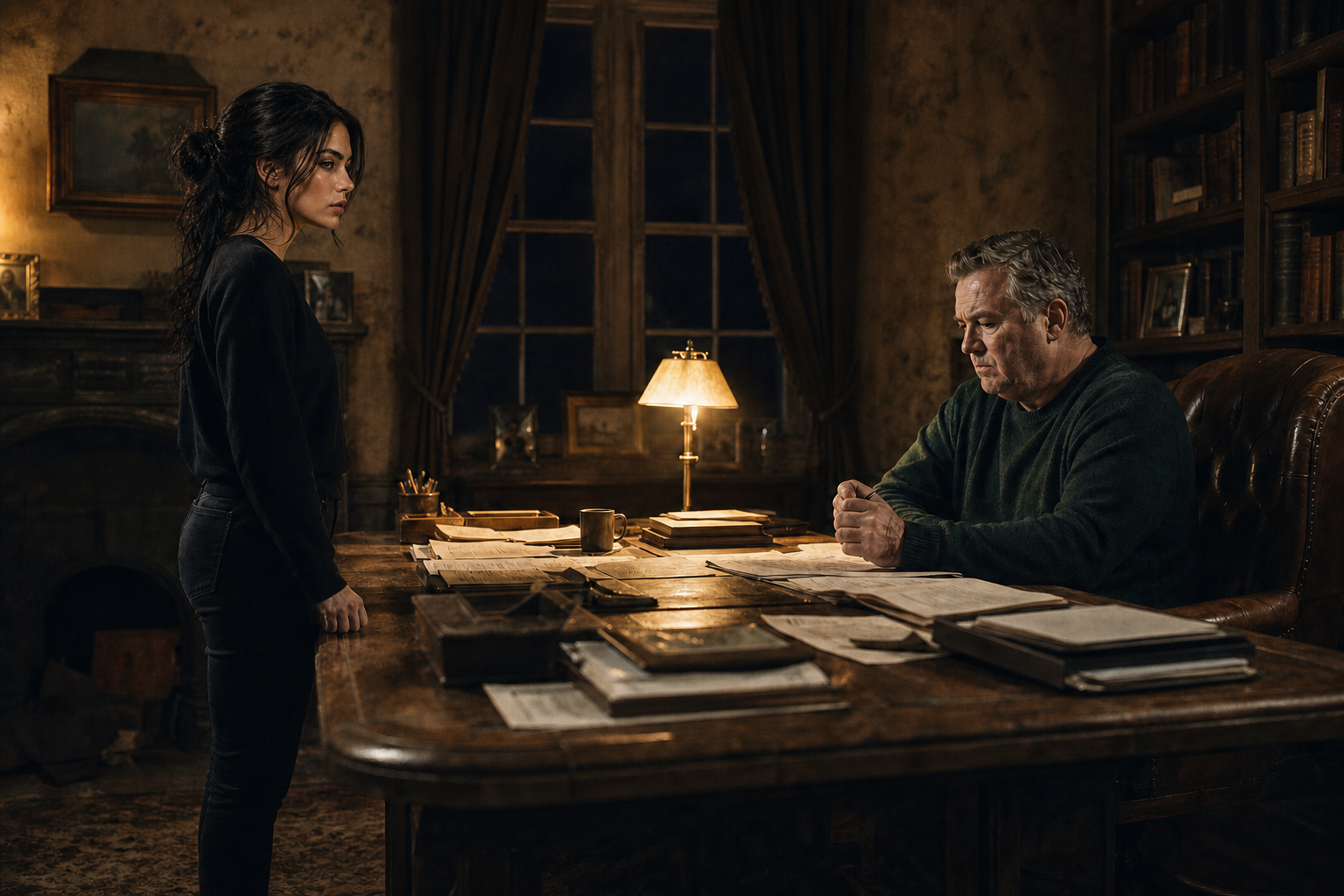 Fiona Devlin standing before her father's desk in the Devlin study, the night she signs the contract — a scene from Chapter One of The Velvet Ledger