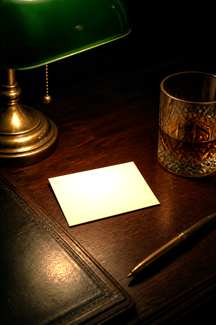 The contract card, a glass of whiskey, and a leather ledger on a dark wood desk
