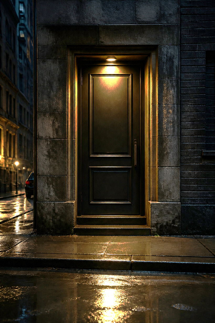 An unmarked door on a rain-slicked city street, lit by a single golden light